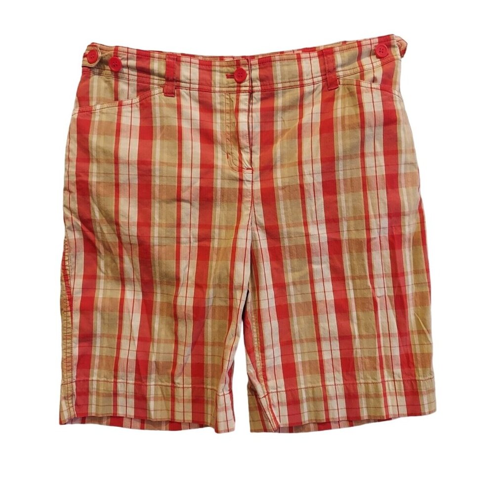 womens 12P Shorts Red Tan Plaid  Bermuda Stretch Casual vacation beachy bold fun